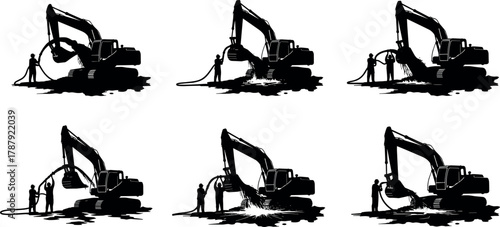 Excavator maintenance silhouette set, cartoon workers welding heavy machinery, industrial repair and construction concept, vector labor scene, black and white graphic