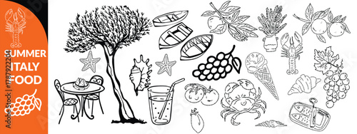 Summer Italy food print, hand drawn travel Mediterranean icon set Italian vintage vacation emblem. Traditional cuisine elements, Amalfi lemon silhouette wine glass bottle. Italy summer coastal big set