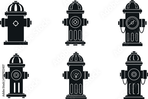 Fire hydrant icon set with unique center symbols, black and white urban safety illustration, vector emergency infrastructure design, stylized hydrant graphic