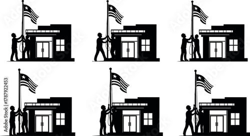 Flag raising ceremony silhouette set, cartoon person with national flag illustration, building entrance scene, vector patriotic concept, black and white graphic