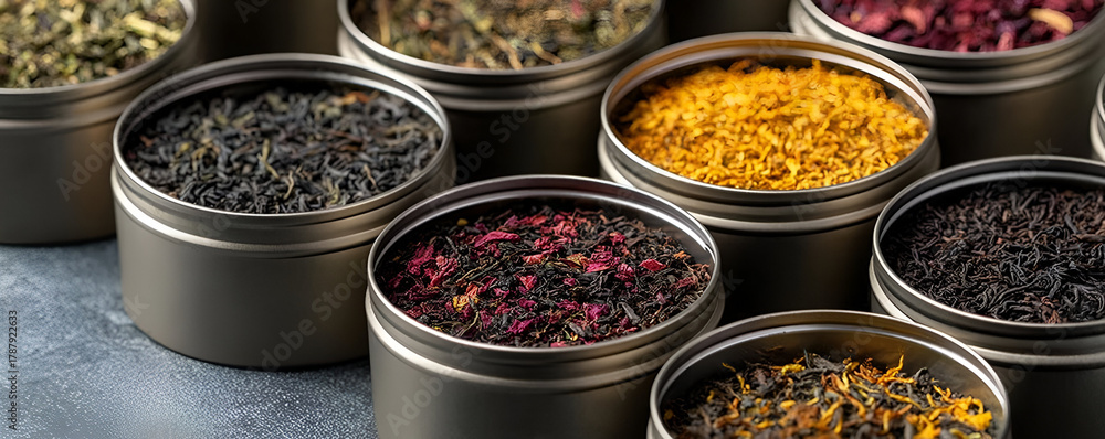 Fototapeta premium Assorted spices in metal tins, showcasing vibrant colors and textures for culinary inspiration and creativity.