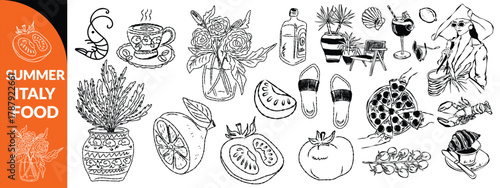 Summer Italy food print, hand drawn travel Mediterranean icon set Italian vintage vacation emblem. Traditional cuisine elements, Amalfi lemon silhouette wine glass bottle. Italy summer coastal big set