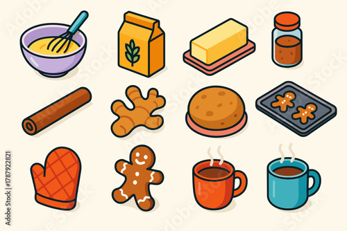 Gingerbread Baking Icons. Holiday Gingerbread Baking modern flat icon set: mixing bowl, whisk, flour bag, butter stick, spice jar, cinnamon stick, ginger root, cookie dough, baking