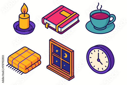Quiet Celebration Icons. Quiet Celebration modern flat icon set: candle flame, journal, tea cup, blanket, window view, clock at midnight.