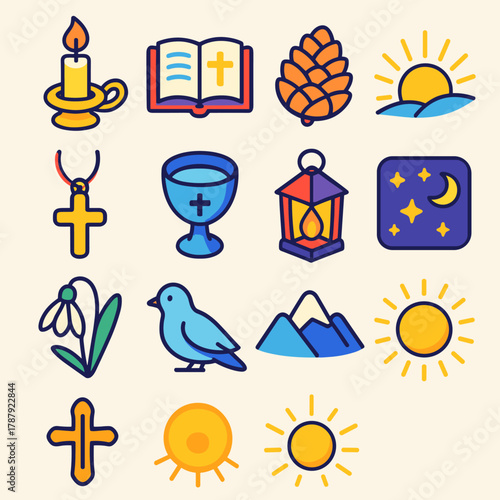 Winter Awakening Icons. Orthodox Winter Awakening modern flat icon set: candle holder, open scripture, pinecone, sunrise beam, cross pendant, holy water cup, glowing lantern,