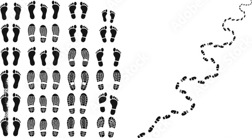 Footprint icons collection, black and white design, shoe tread patterns, bare feet silhouettes, motion trail, tracking concept, forensic illustration, walking path