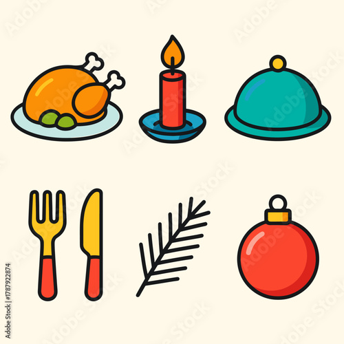 Festive Dinner Icons. Christmas Feast Table modern flat icon set: roasted dish, candlelight, serving tray, silverware, pine branch, ornament ball.