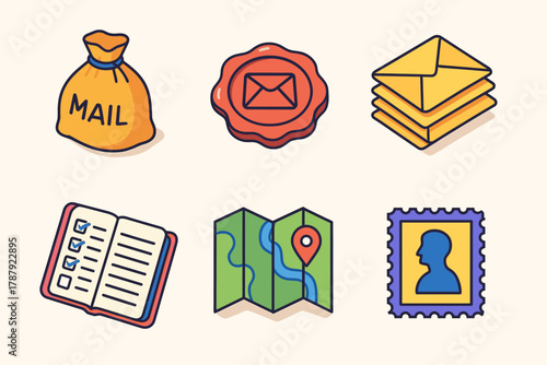 Mailroom Essentials Icons. Letter Sorting Room modern flat icon set: mail sack, wax seal, envelope stack, list ledger, toy map, postal stamp.