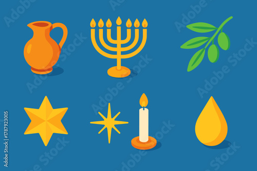 Festival of Lights Icons. Festival of Lights Symbolism modern flat icon set: oil pitcher, menorah flames, olive branch, blue background, candle glow, star, spark, drop of oil.
