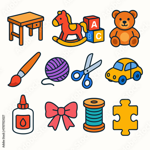 Toy Making Essentials. Toy Making modern flat icon set: workbench, rocking horse, toy blocks, plush bear, paintbrush, yarn ball, scissors, wooden car, glue bottle, bow ribbon,