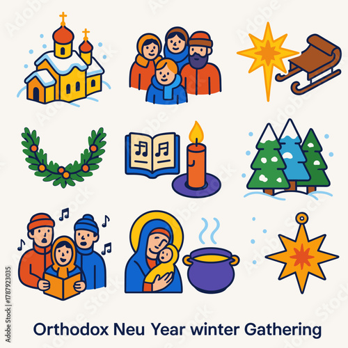 Orthodox New Year Icons. Orthodox New Year Winter Gathering modern flat icon set: church with snow, festive crowd, glowing star, wooden sleigh, pine garland, open hymnal,