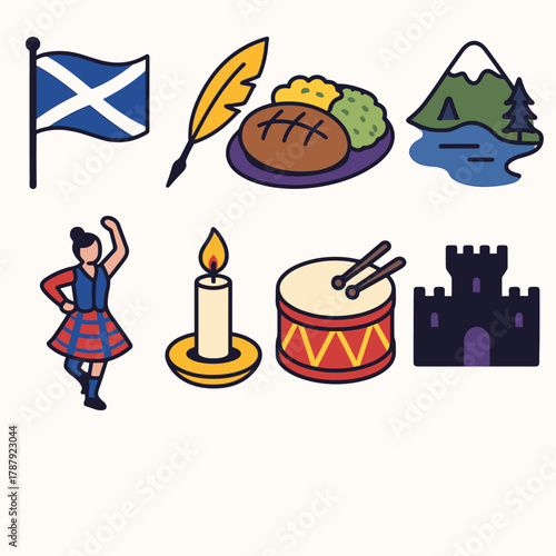 Burns Night Icons. Burns Night Celebration of Scotland modern flat icon set: Scottish flag, poet’s quill, festive dinner, Highland landscape, kilted dancer, candlelight,