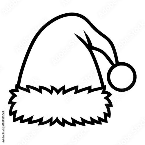 Black and white outline drawing of a classic Santa hat, featuring a fluffy brim and a pom-pom. Ideal for Christmas holiday designs, winter themes, festive apparel, printable coloring pages