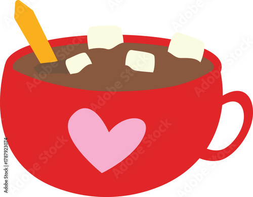 Cozy flat vector illustration of a red mug filled with rich hot chocolate and marshmallow cubes, a small spoon resting inside, and a pink heart motif on the cup. winter drink icon