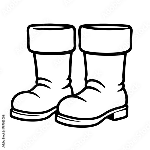 Simple outline drawing of a pair of classic work boots or rain boots, perfect for a coloring book page. This clean vector illustration depicts sturdy footwear with a cuffed top