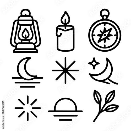 Guiding Icons Collection. Guiding Light outline icon set: lantern, candle flame, compass, star, moonbeam, spark, horizon, branch.