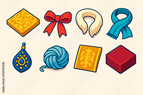 Opulent Winter Fabrics. Winter Opulent Materials modern flat icon set: brocade weave, satin ribbon, fur wrap, silk scarf, beaded detail, soft wool, gold embroidery, velvet panel.