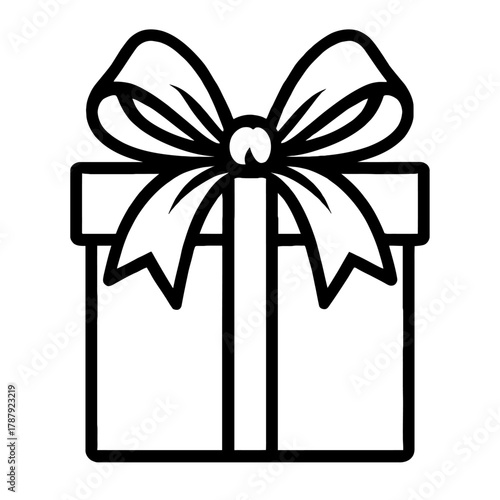 Black and white outline vector icon of a classic gift box, meticulously wrapped with a decorative ribbon and bow, symbolizing joy, celebration, surprise. Perfect for holidays, birthdays