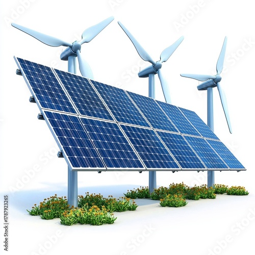Clean Energy Solution Solar Panels and Wind Turbines Generating Power