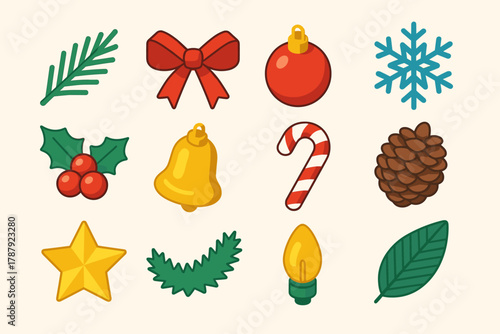 Festive Christmas Icons. Christmas Pine Garland modern flat icon set: pine sprig, ribbon bow, ornament, snowflake, holly berries, bell, candy cane, pinecone, golden star, tinsel,