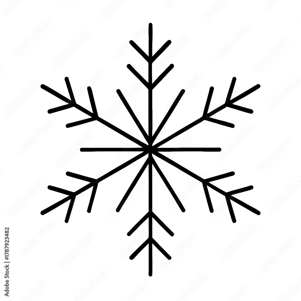 Fototapeta premium Minimalist black snowflake vector icon on white. Ideal for winter holidays, Christmas, seasonal clipart, frosty themes. Elegant snow symbol for digital projects, festive illustrations