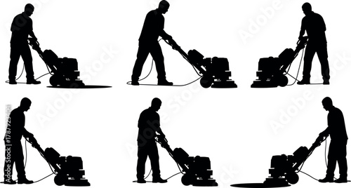 Floor polishing machine operator silhouette set, cartoon workers using industrial cleaning equipment illustration, vector hygiene and janitorial concept, black and white graphic