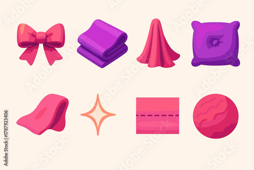 Velvet and Satin Icons. Velvet & Satin Textures modern flat icon set: ribbon bow, folded fabric, shiny drape, velvet pillow, soft fold, light gloss, textile seam, plush texture.