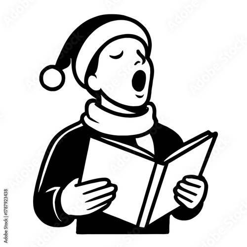 Delightful black and white vector illustration of a cheerful young caroler, adorned in a festive Santa hat and cozy scarf, enthusiastically singing from an open songbook