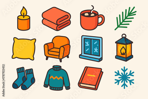 Cozy Winter Icons. Winter Home Serenity modern flat icon set: candle flame, soft blanket, hot cocoa mug, pine sprig, fluffy pillow, cozy armchair, frosty window, lantern glow, wool