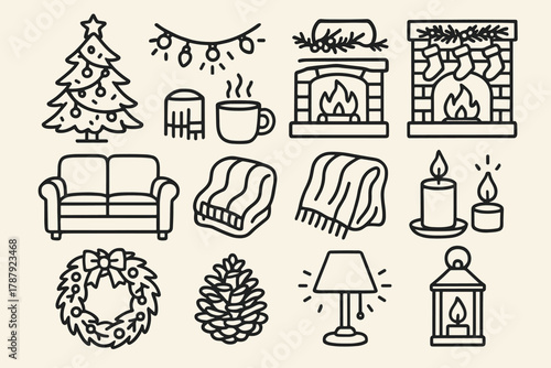 Cozy Christmas Icons. Warm Christmas Interior outline icon set: tree lights, fireplace, soft sofa, hot drink, blanket folds, candlelight, stockings, garland, pinecone decor, wreath