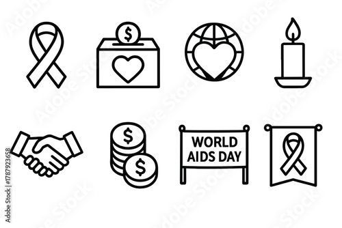 AIDS Awareness Icons. World AIDS Day Fundraising Event outline icon set: red ribbon, donation box, heart, globe, candlelight, handshake, coins, awareness banner.