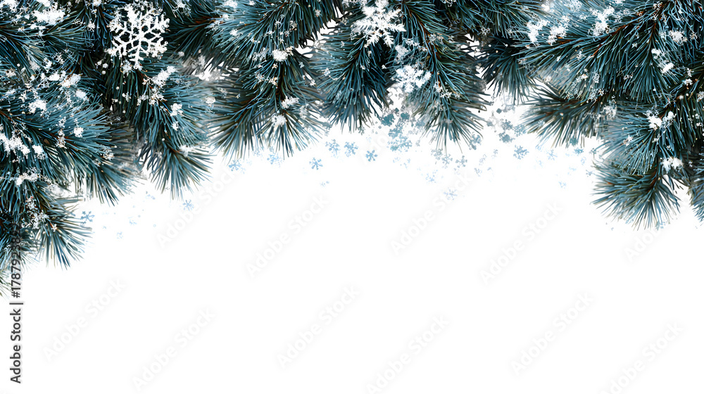 Obraz premium Border of pine branches with snowflakes along the edges creating a festive winter frame isolated on white background