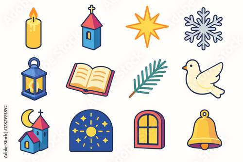 Sacred Winter Icons. Sacred Winter Glow modern flat icon set: tall candle, chapel tower, glowing star, silver snowflake, lantern glass, open prayer book, pine branch, peaceful dove