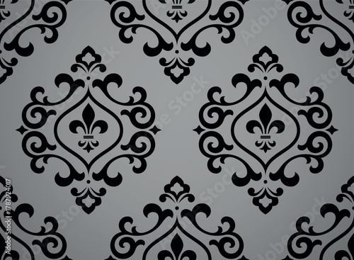 Wallpaper in the style of Baroque. Gray and black floral ornament. Seamless vector background. Graphic pattern for fabric, wallpaper, packaging. Ornate Damask flower illustration