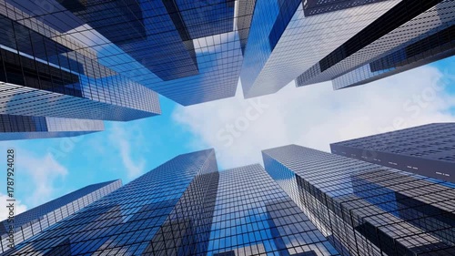 Modern glass skyscrapers reflect the blue sky in the corporate downtown city skyline