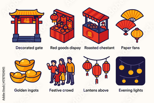 Lunar New Year Icons. Lunar New Year Festival Market modern flat icon set: decorated gate, red goods display, roasted chestnut stand, paper fans, golden ingots, festive crowd,