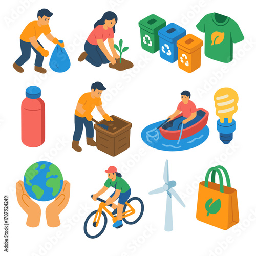 Eco Icons Collection. Environmental Volunteering modern flat icon set: young people picking up litter, planting saplings, recycling bins, eco-friendly t-shirts, reusable bottles,