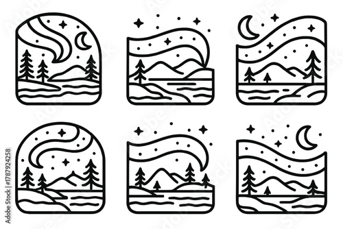 Aurora over Frozen Lake. Polar Light Landscape outline icon set: curved light band, frozen lake, trees, stars, moon, gentle wave.