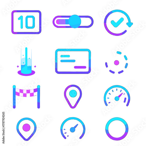 Futuristic Countdown Icons. Modern progress countdown set modern flat icon set: numeric display 10–0, progress slider, goal completion icon, rotating arrow, energy beam, digital