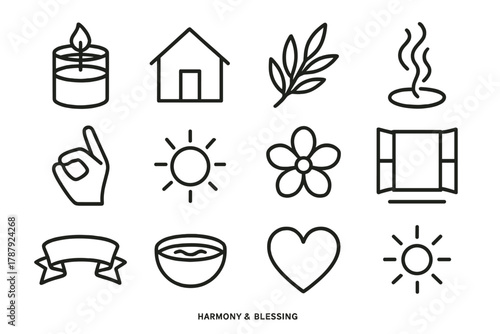 Symbolic Peace Icons. Harmony & Blessing Set outline icon set: candle jar, home icon, olive sprig, incense smoke, hand gesture, light halo, flower, open window, ribbon, bowl of