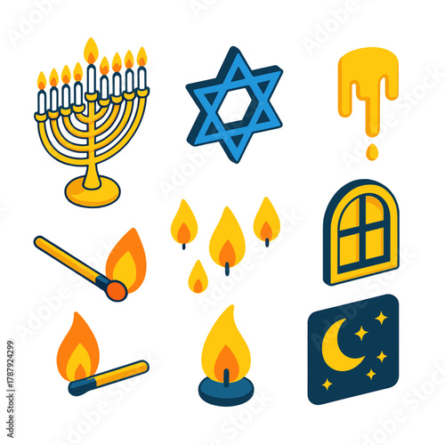 Menorah Icon Set. Menorah Lighting modern flat icon set: menorah with nine candles, shamash raised higher, glowing flames, Star of David, matchstick, wax drips, window light, night