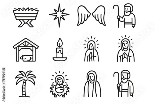 Nativity Icon Set. Holy Birth Set outline icon set: crib, star of Bethlehem, angel wings, shepherd, lamb, ox, stable beams, candle, Mary, Joseph, palm tree, glowing aura.