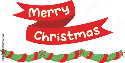 Merry Christmas ribbon banner with green garland and bows. playful flat vector headline and divider, red scripted text on curved banners above festive swag, isolated on white for cards, posters.