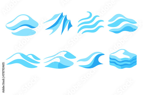 Isometric Snow Icons. Snow Drift Patterns modern flat icon set: soft snow arcs, wind-carved ridges, frost ribbons, undulating snow hills, icy curves, dune textures, flowing