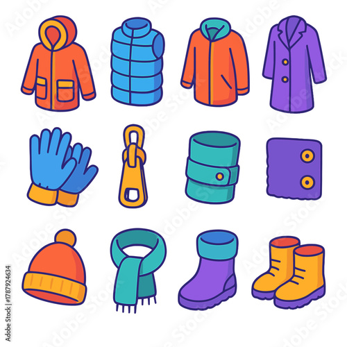 Outdoor Clothing Icons. Outdoor Coat Styles modern flat icon set: parka with hood, puffer vest, waterproof jacket, long coat, snow gloves, zipper tag, sleeve cuff, snap buttons,