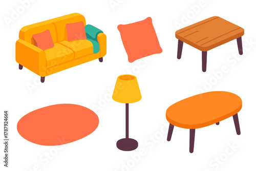 Modern Sofa Icons. Inviting Sofa Setup modern flat icon set: sofa, throw blanket, pillow, coffee table, rug, lamp.