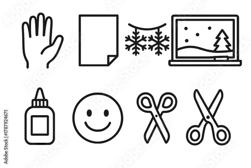 Winter Classroom Icons. Winter Classroom outline icon set: child hand, paper sheet, string, snowflake garland, chalkboard, glue bottle, smiling face, scissors.