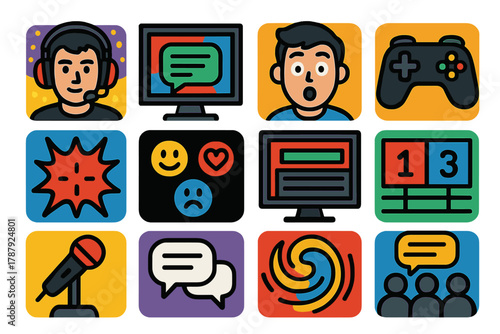 Brutalist Gaming Icons. Gaming Reactions bold vector icon set: streamer with headset, colorful background, chat box on screen, surprised expression, controller in hand, flashing