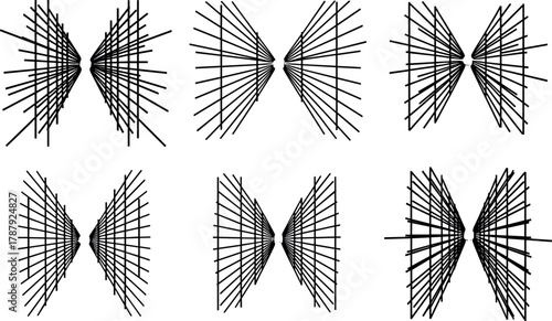 Geometric line pattern set, black and white symmetry illustration, abstract hourglass shapes, vector optical illusion design, perspective and transformation concept