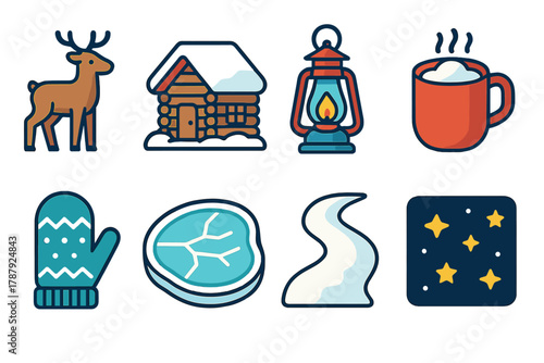 Nordic Winter Icons. Nordic Winter Town modern flat icon set: reindeer, log cabin, lantern, hot cocoa mug, wool mitten, frozen lake, snow-covered path, starry sky.